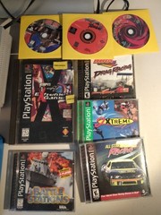 PS1 Action Bundle w/ hook ups, fighting stick & 2 official PS memory cards