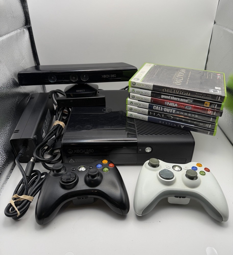 Microsoft Xbox 360 E 4GB Black Console Bundle w/ 2 Controllers, 6 Games Tested!