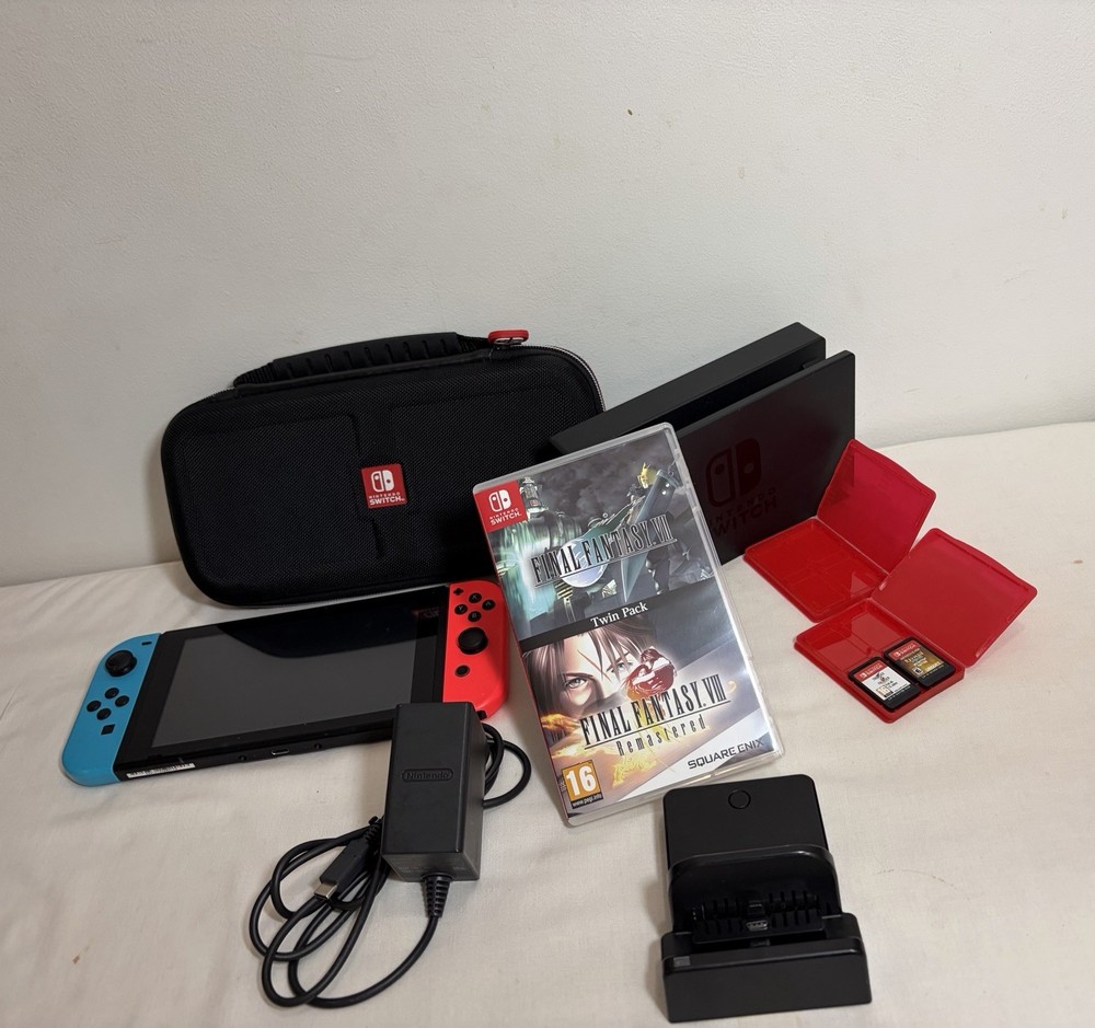 Nintendo Switch Console Bundle w/ Final Fantasy VII VIII Dock Case Neon Joy-Con