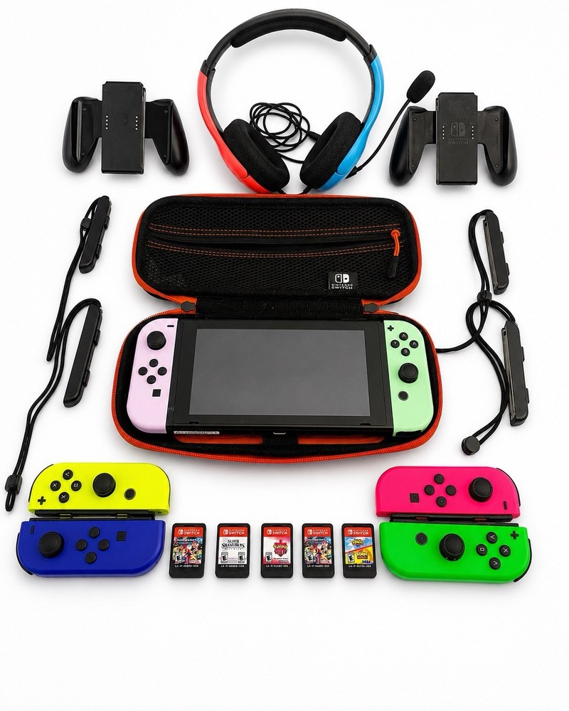 Nintendo Switch Console Bundle 5 Games + 6 Joy-Cons + Headset + Case Tested READ
