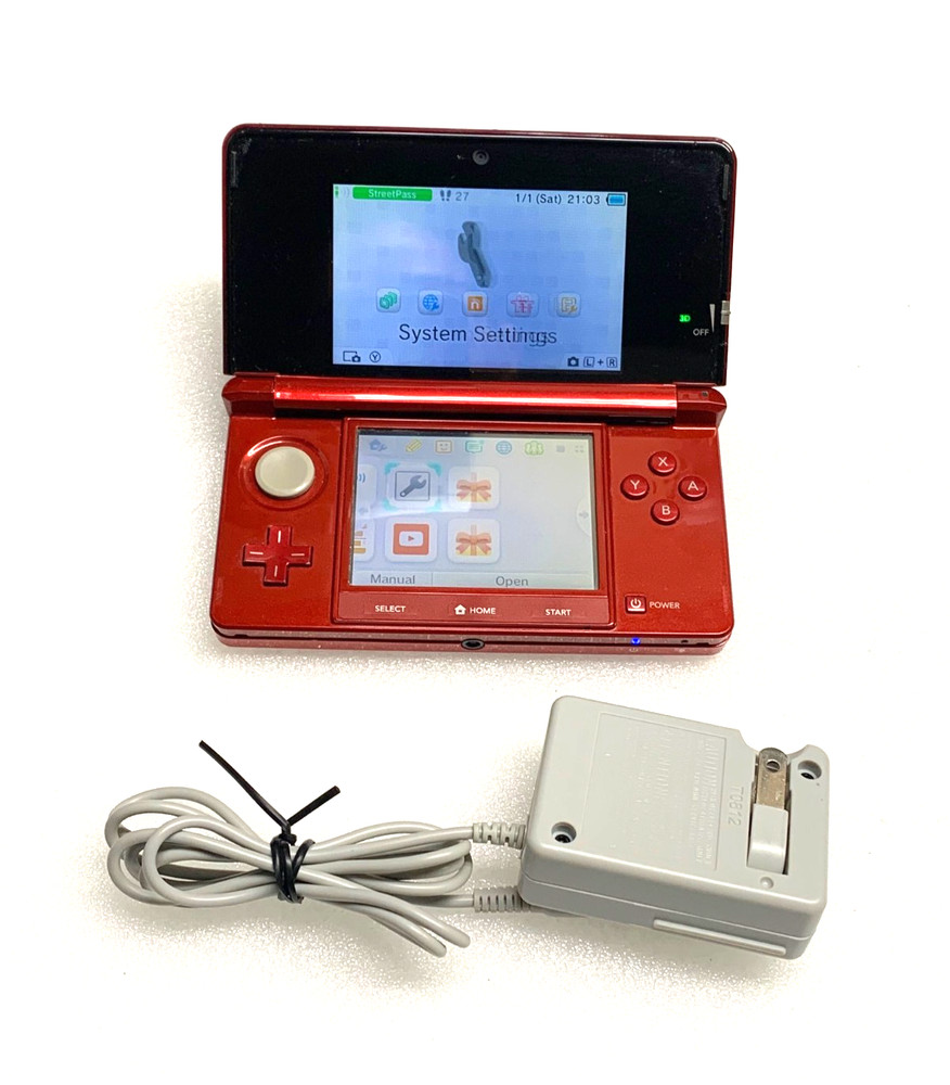 Nintendo 3DS Flame Red Handheld Console System CTR-001 and Charger, TESTED