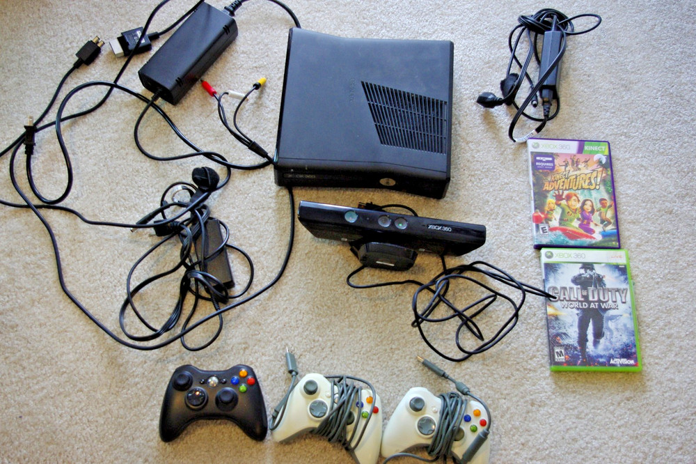 XBox 360 console system w/ 3 Controllers, Kinect Sensor and 2 Games, Untested