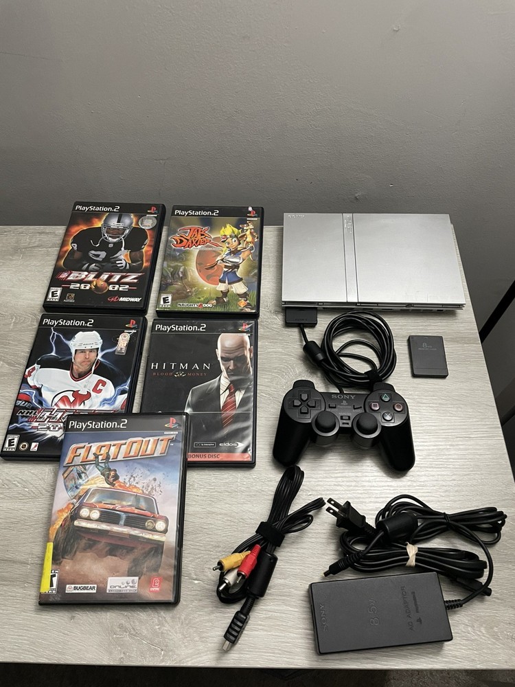 PS2 Slim Console Bundle w/ Controller, 5 Games +Memory Card & Cords Tested Works