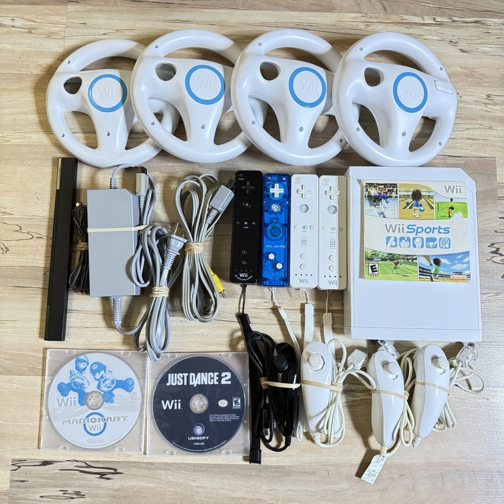 Nintendo Wii Console Mario Kart Just Dance Wii Sports 4 Controllers 4 Wheels