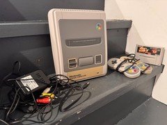 Nintendo Super Famicom console with controllers, all wires and Street Fighter 2