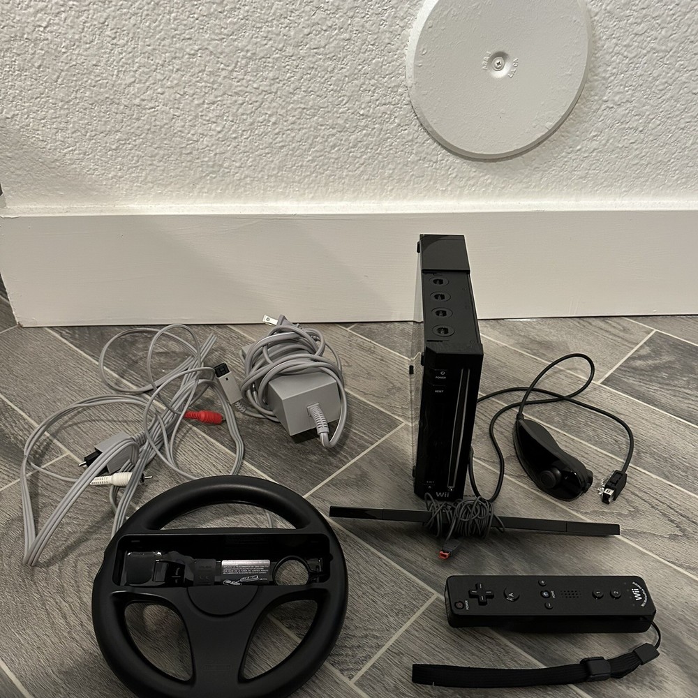 Nintendo Wii Black Console With Power Cord RVL-101(USA) Works (Set with Wheel)