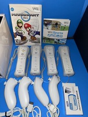 Nintendo Wii Console Mario Kart Bundle w/ Wii Sports- 4 Controllers & Wheels!