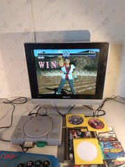 PS1 Action Bundle w/ hook ups, fighting stick & 2 official PS memory cards