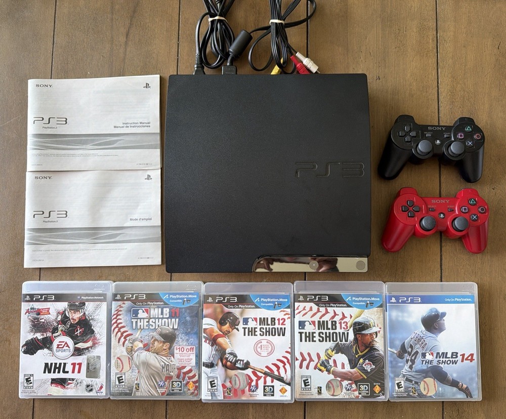 Sony PS3 Slim Console 160GB Bundle 3 Controllers 5 Games NHL MLB 11 12 13 14