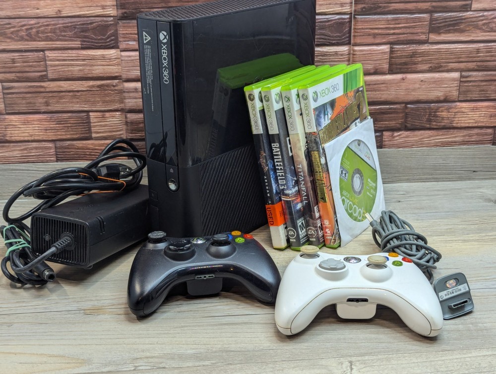 Microsoft Xbox 360 E Console Model 1538 W/ 2 Controllers Cables & 5 Games