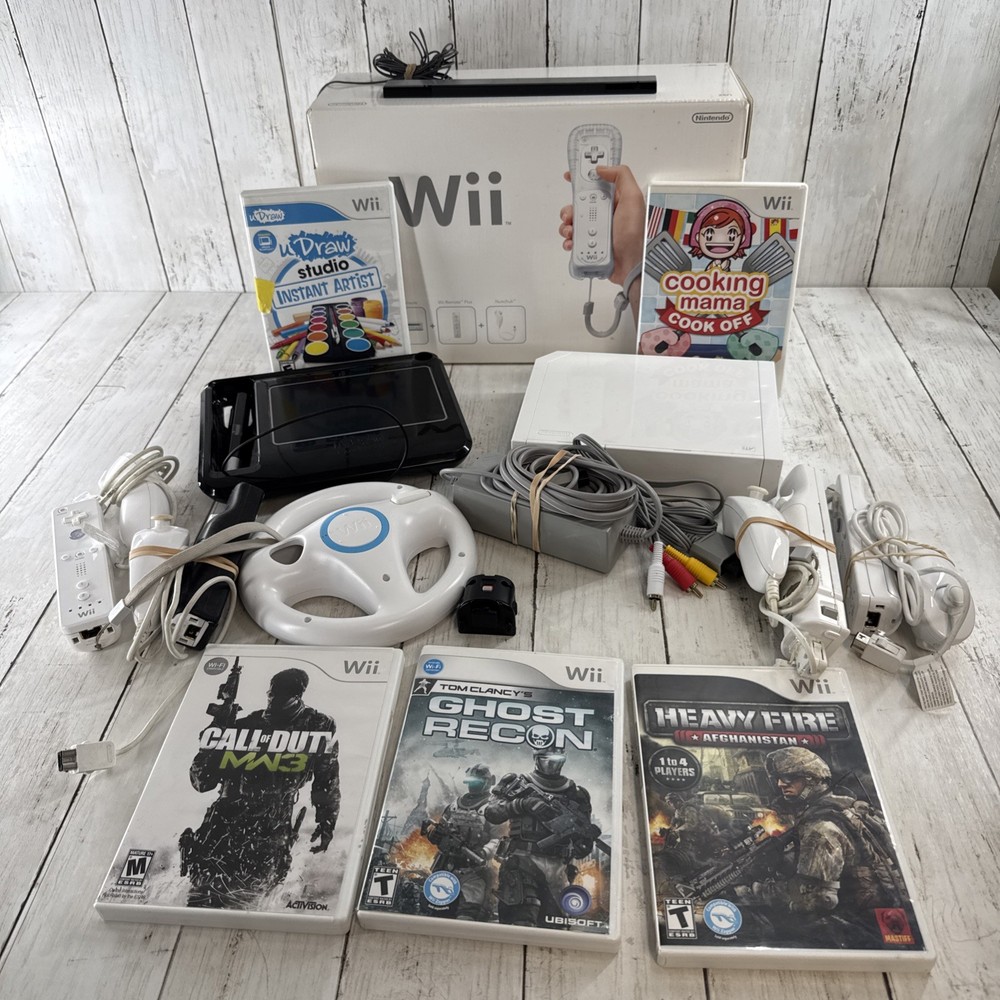 Nintendo Wii Console Bundle Tested 4 Controllers Box Games Nunchucks Adapters+