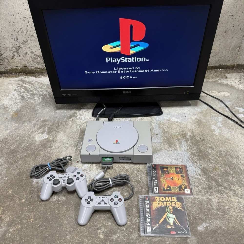 Sony PlayStation 1 PS1 Console Bundle Tested Works Tomb Raider DualShock READ