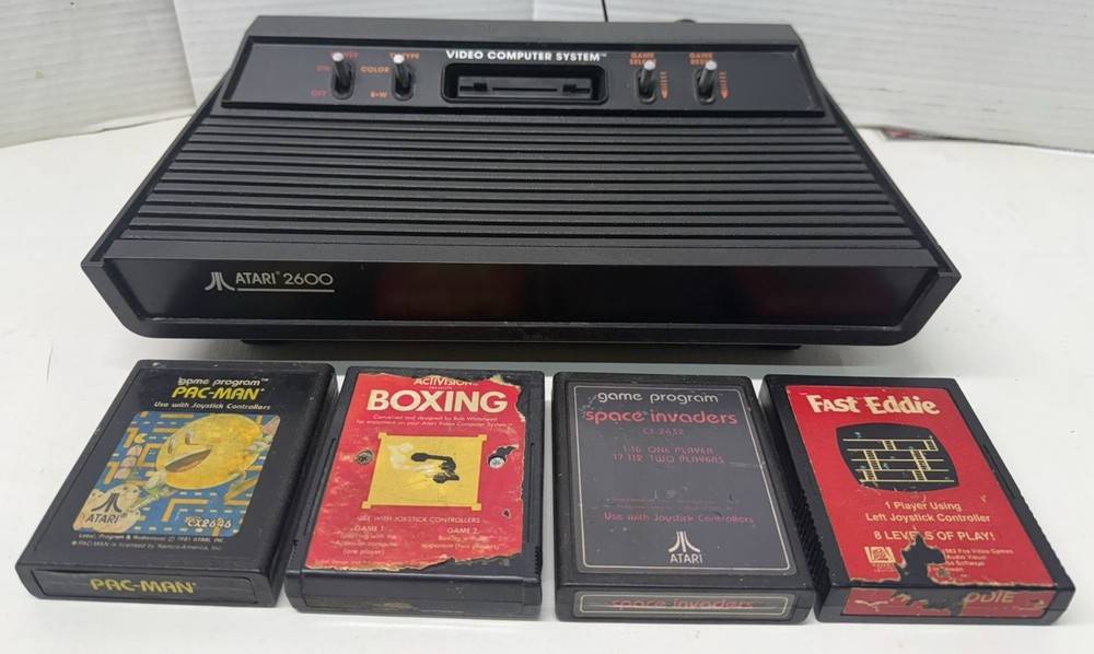 Atari 2600 Console & 4 Games Unknown Condition Missing Plugs As-Is
