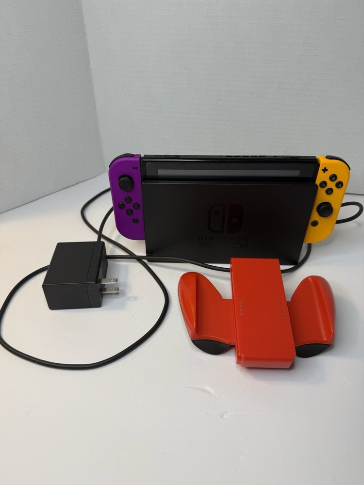 Nintendo Switch Console Bundle Neon Purple Yellow Joy-Cons Dock Charger Tested