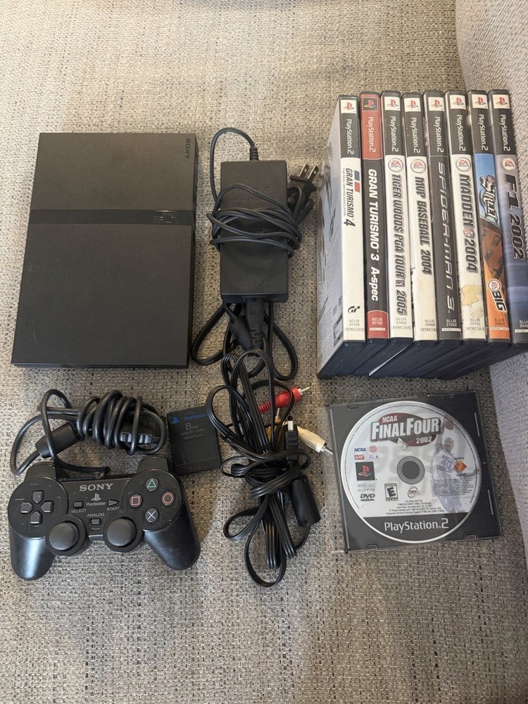 Sony PlayStation 2 Slim Console, Cables, SCPH-70012, 9 Games, Memory Card
