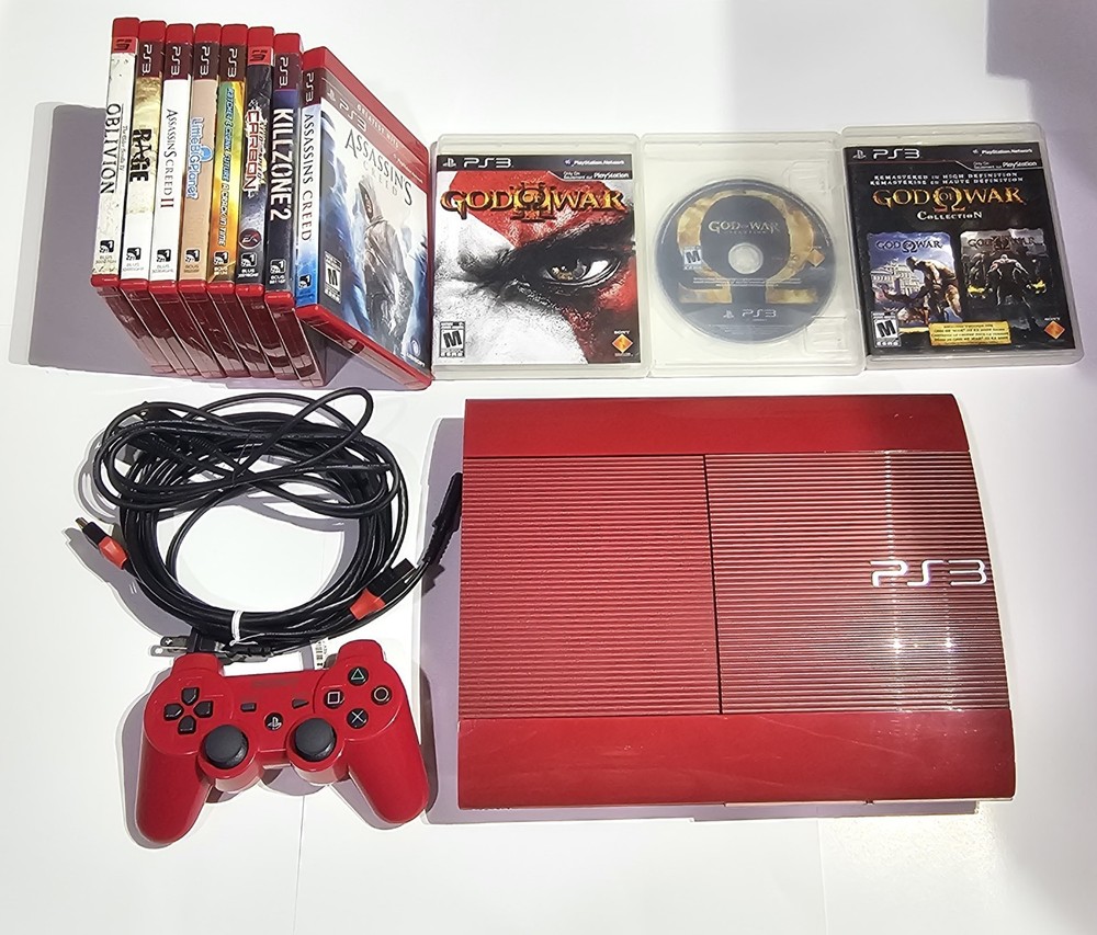 PlayStation 3 PS3 Super Slim Red God of War Console + 11 Games Restored In/Out