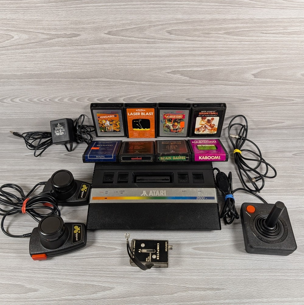 Atari 2600 Junior Console Bundle + 8 Games, Paddles, Joystick, Tested & Works