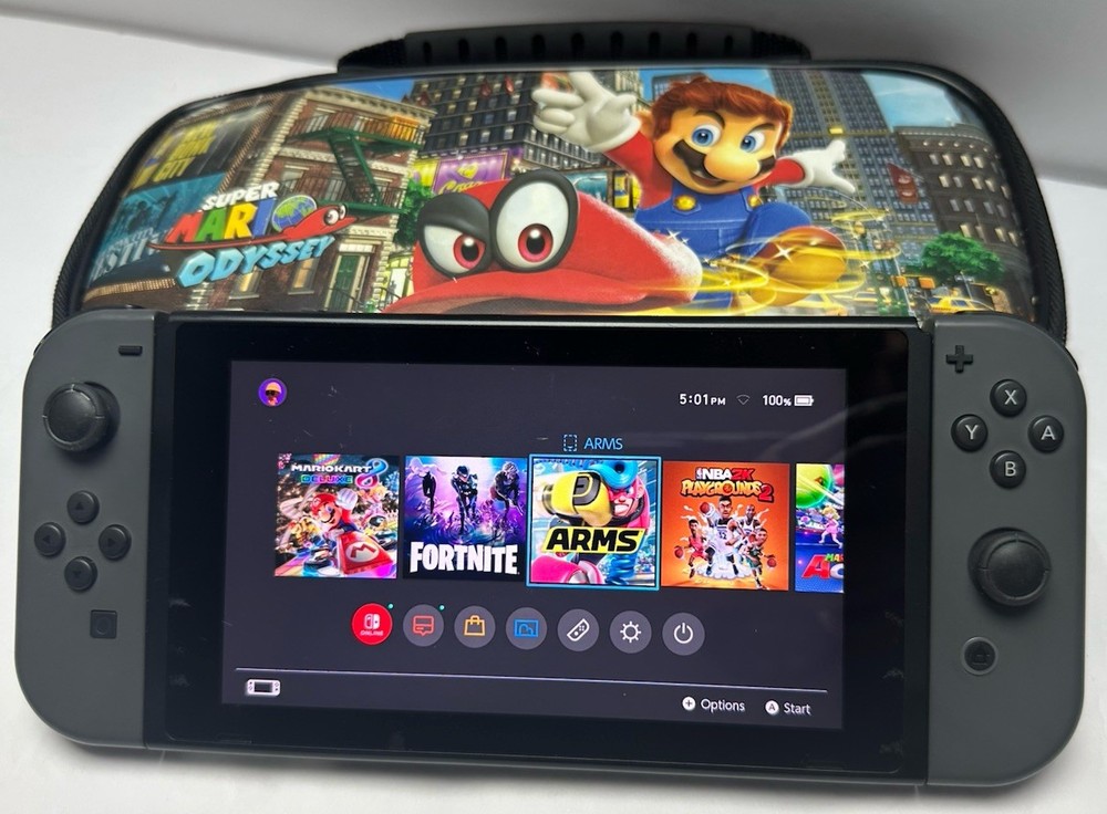 Nintendo Switch Console Gray Joy-Con Controllers Carrying Case & Mario Odyssey
