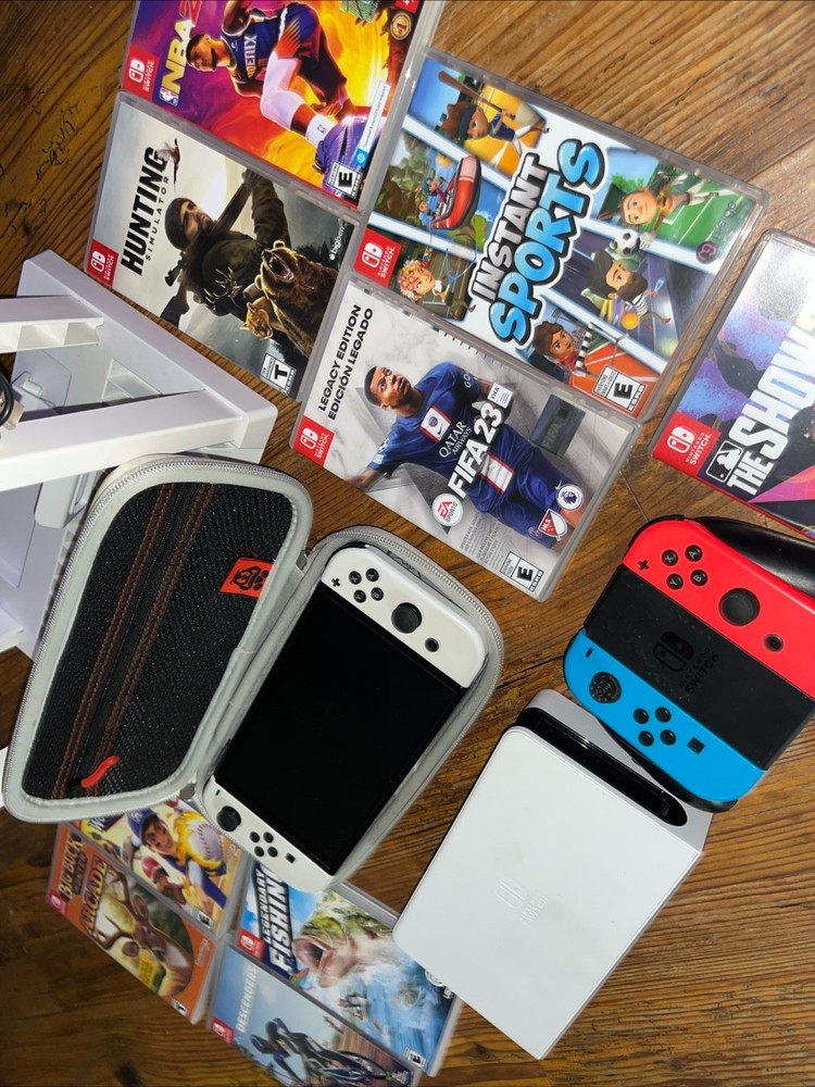 Nintendo Switch White OLED Bundle – 9 Games – Dock – Stand – Charger – HDMI