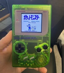 Nintendo Game Boy DMG V5 IPS Backlit Clear Green Console + Pocket Monsters Red