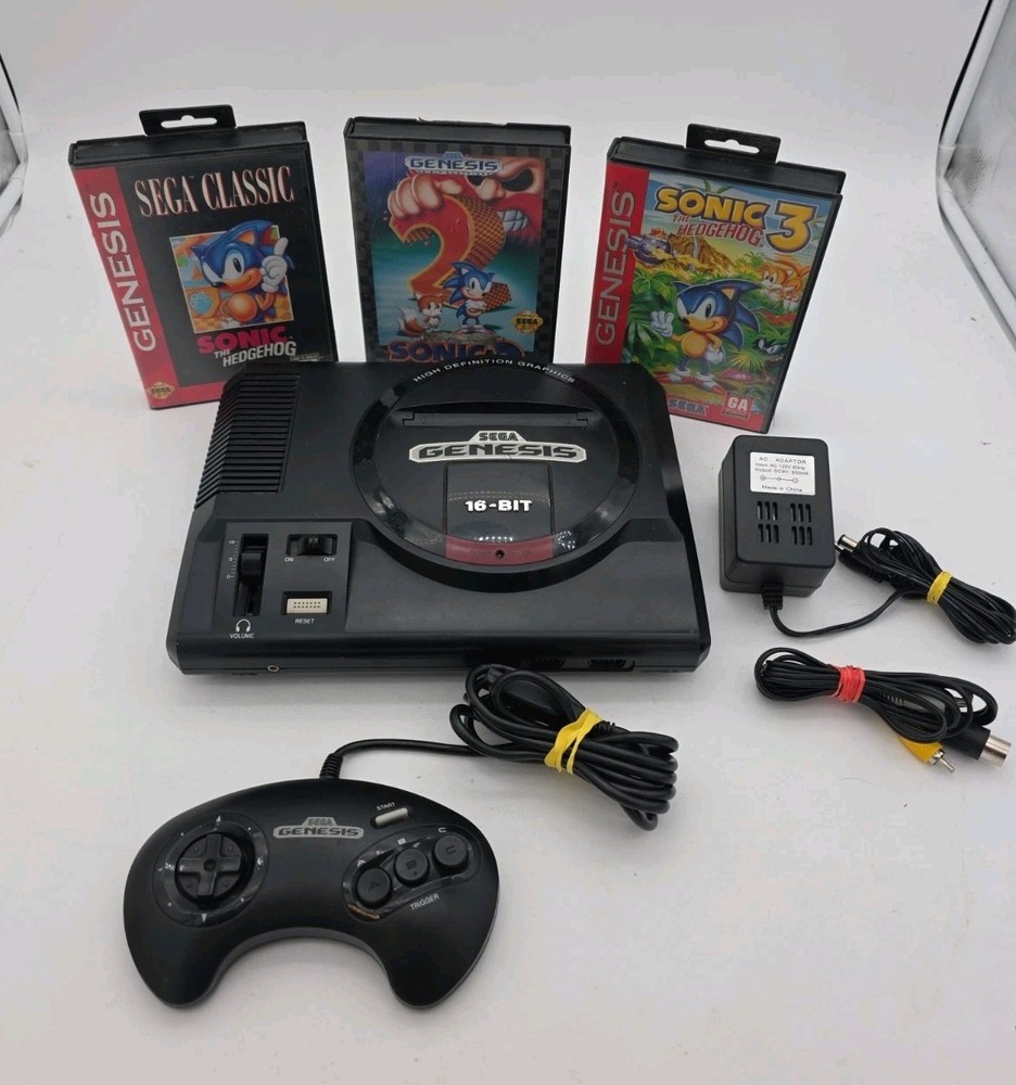 Sega Genesis Model 1 MK-1601 Bundle w/Controller + 3 Sonic Games – Tested