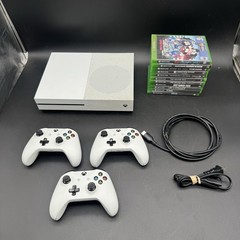 White Xbox One S Bundle W/ 3 Controllers 11 Games & Cords Tested And Working