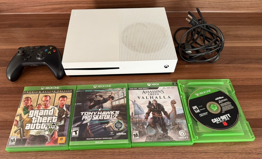 XBOX ONE S 500GB WHITE BUNDLE + 4 GAMES, 1 CONTROLLER & CORDS : TESTED & WORKING