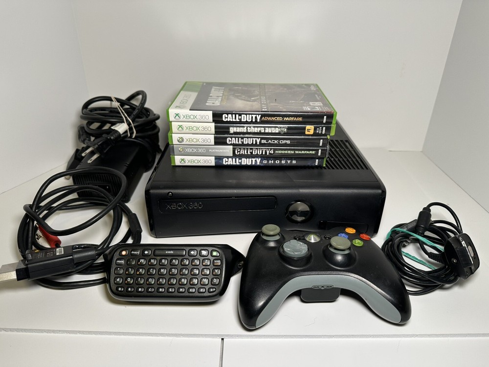 XBox 360 S Console Bundle with controller, keyboard attachment, and 5 games