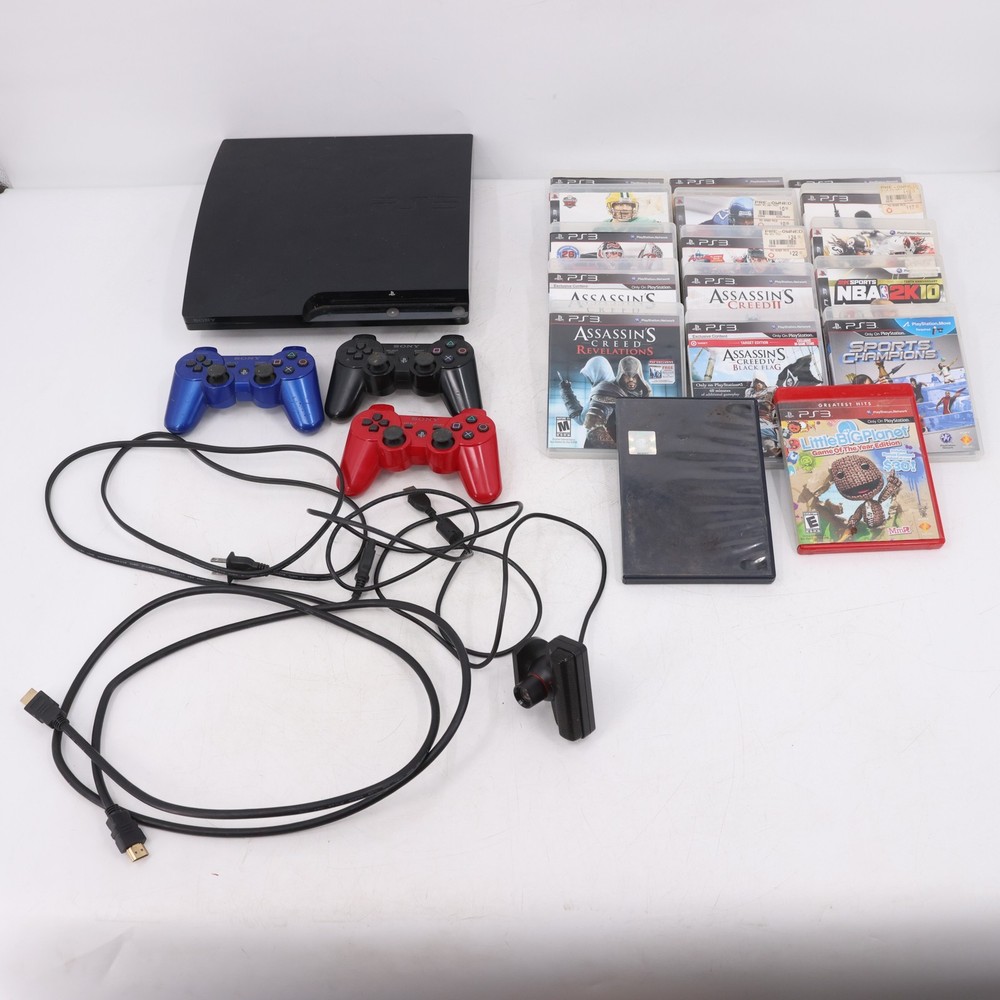 Sony PS3 Slim Console CECH-2501B Bundle 3 DualShock Controllers 10 Games PS Eye