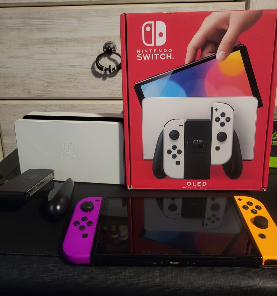 Nintendo Switch OLED Model – White – Orange Purple Joycons + 64gb Sandisk