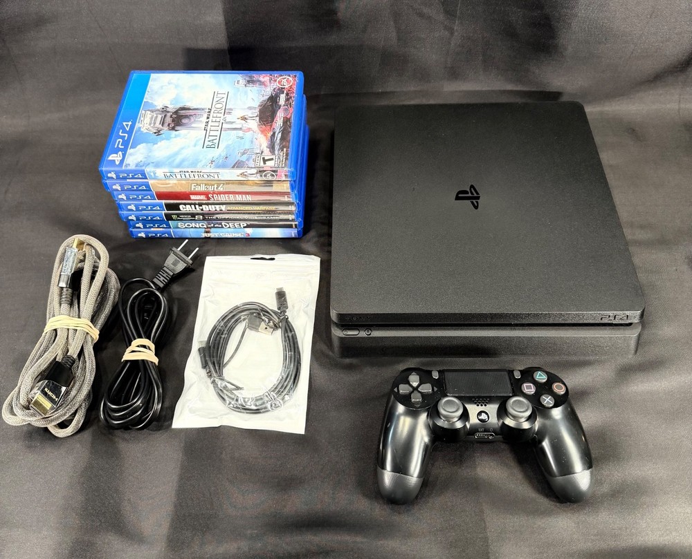 Sony PS4 Slim Black 500GB Console Bundle CUH-2015A w/Controller & 7 Games Tested