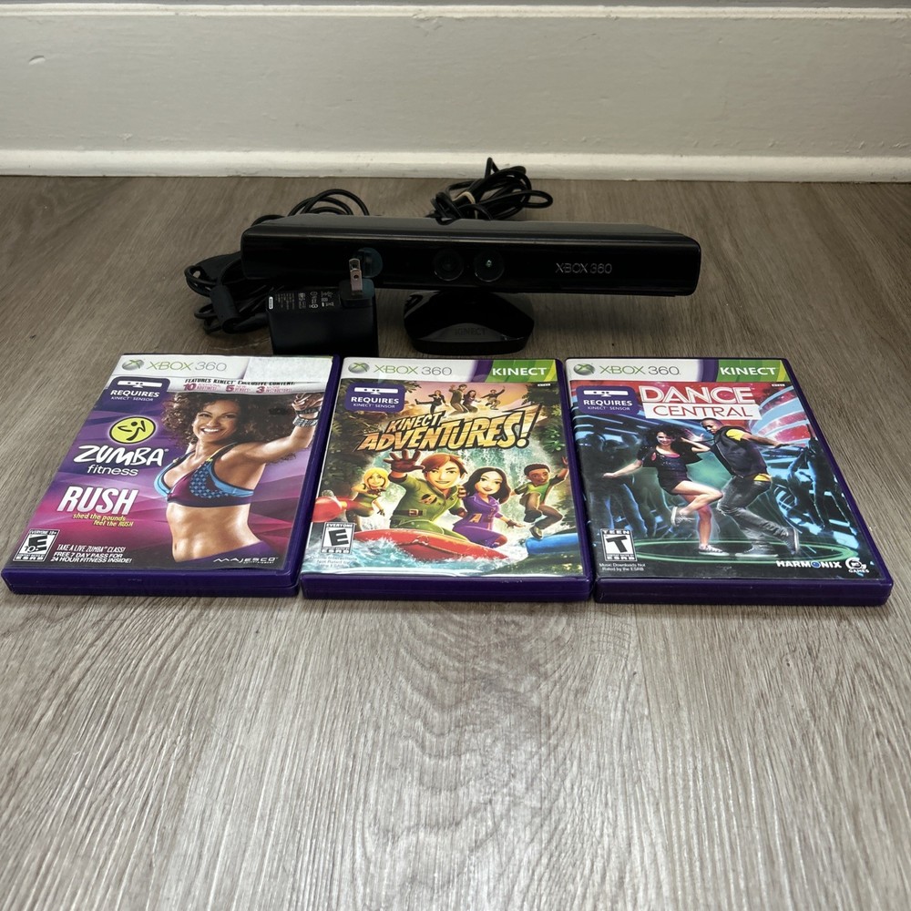 Xbox 360 Kinect Bundle Sensor Bar 1414 with 3 Games & Power Cord Tested Working