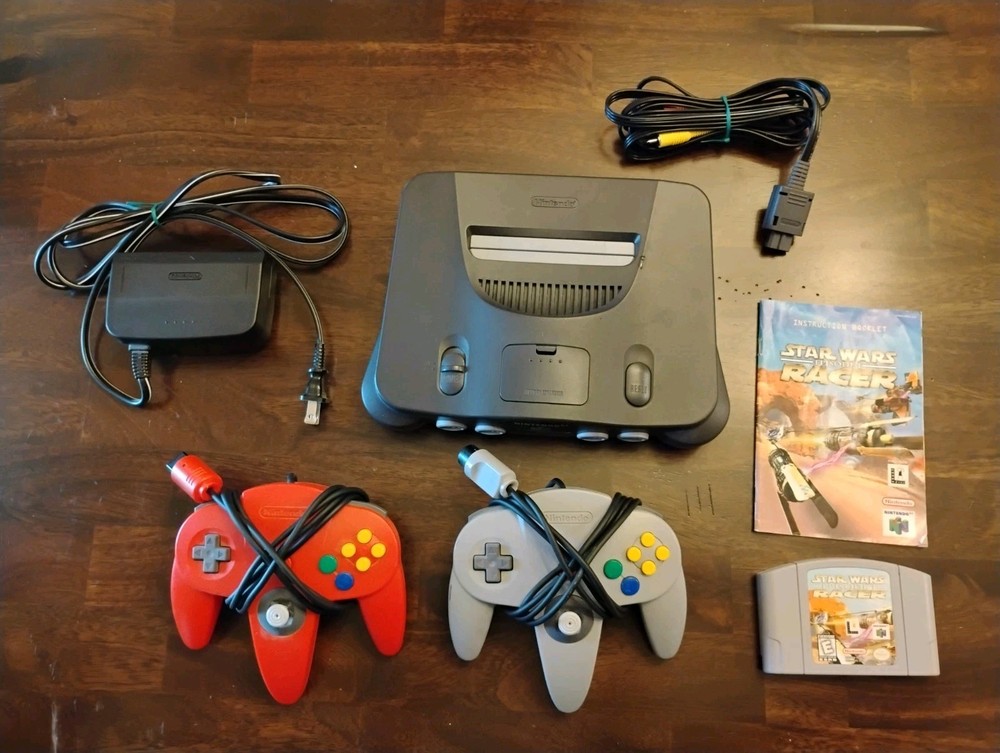 NINTENDO N64 CONSOLE NUS-001 WITH 2 CONTROLLERS, CABLES, & 1 GAME- TESTED