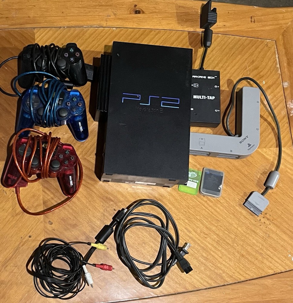 SONY PlayStation 2 Console + 3 Controllers, memory cards, adapters multi tap