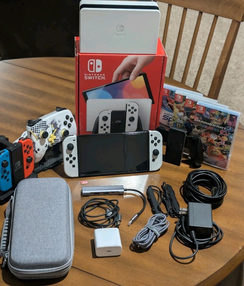 Nintendo Switch OLED Handheld Console 64GB White – 4 Games, Joycons, Extras
