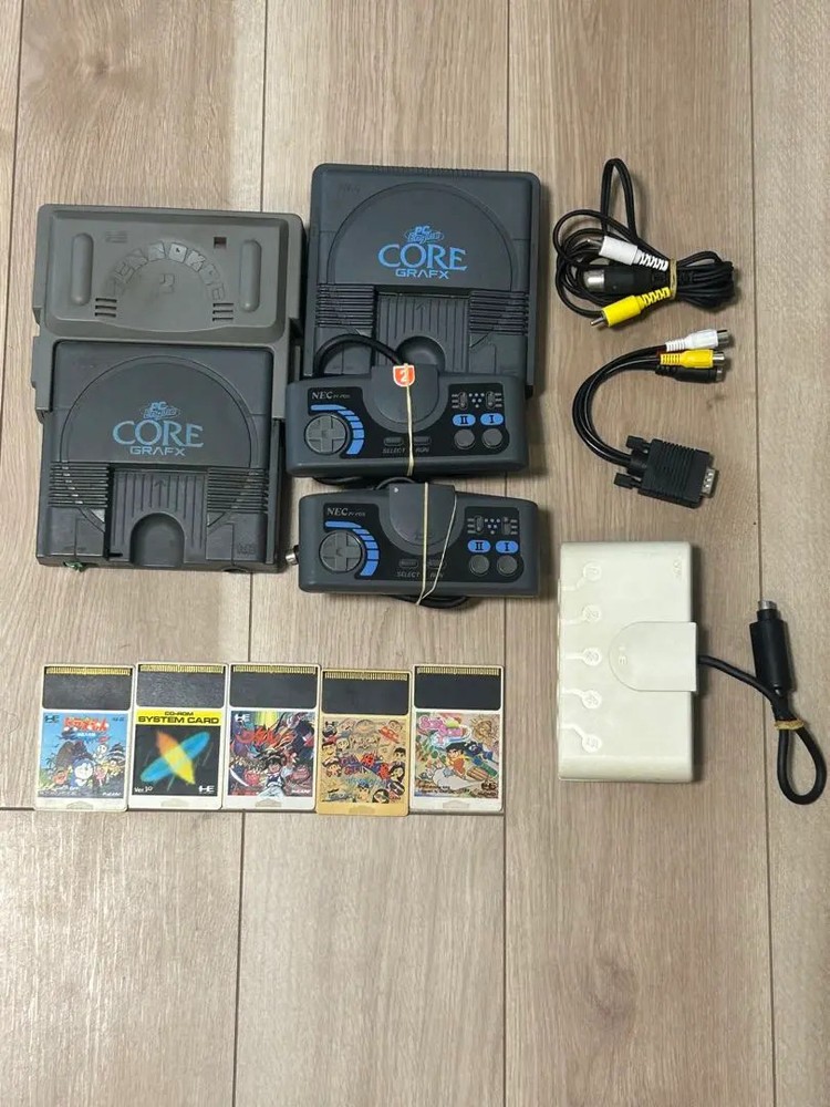 NEC PC Engine CORE GRAFX Console with 5 Game Cartridges Grey Set Untested As Is