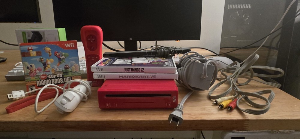 Nintendo Wii Red Console Bundle w/ Controllers, Games, Cables, Wi-Fi 480p/480i