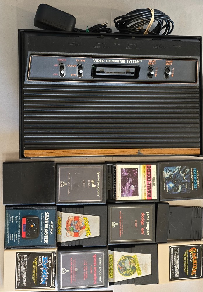 Atari 2600 Woody 4 switch Tested Working CX2600-A w/AC Adapter, RF Adapter,games