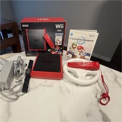 Nintendo Wii mini RVL-201 Red/Black Console Bundle w/ Mario Kart Wii & Wheel