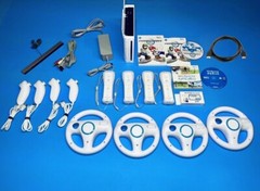 Nintendo Wii Console Mario Kart Bundle w/ Wii Sports- 4 Controllers & Wheels!