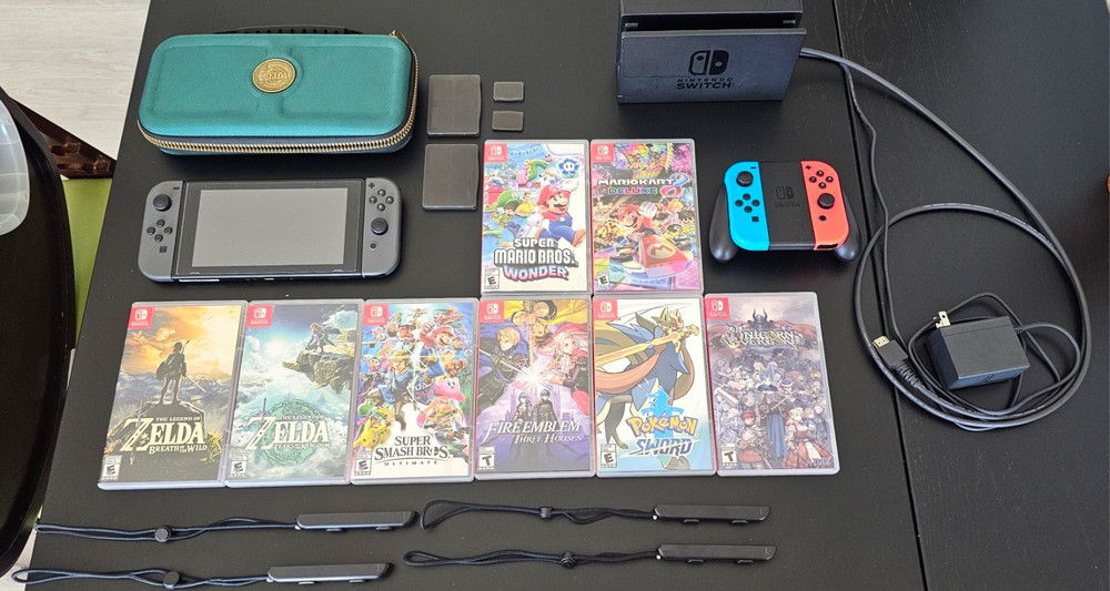 Nintendo Switch Console Bundle w/ Dock, Gray + Red/Blue Joy-Con, Games, Case