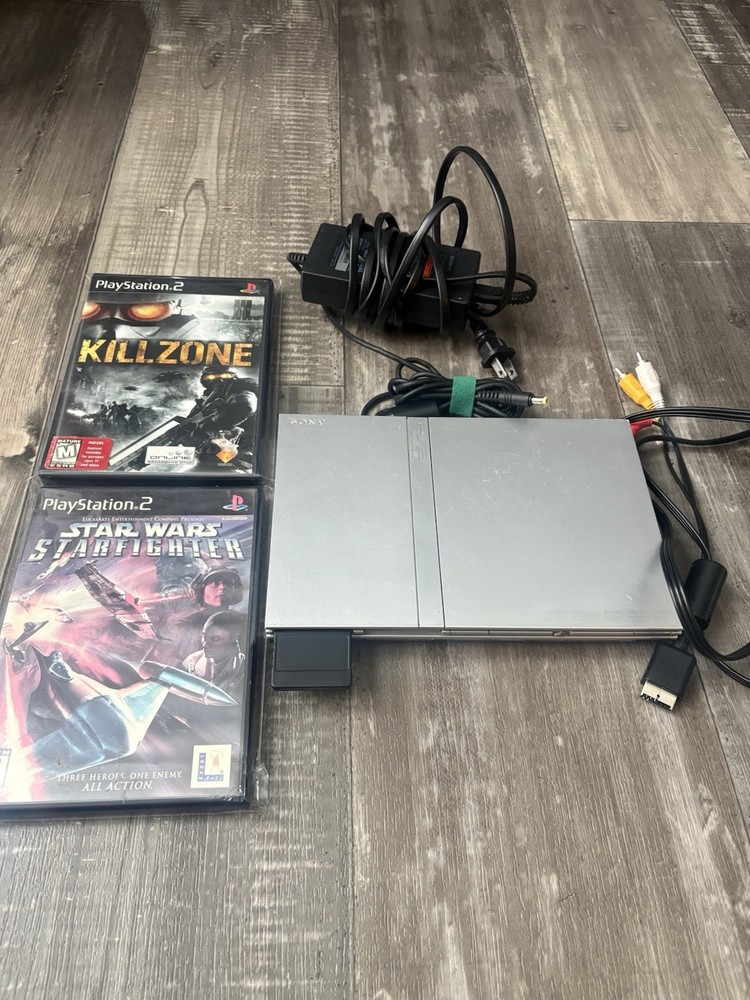 Sony PlayStation 2 Slim Silver Console DVD Playback w Cables 2 Games